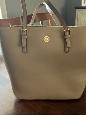 T.J.Maxx Taupe Tote Bag with Gold Emblem